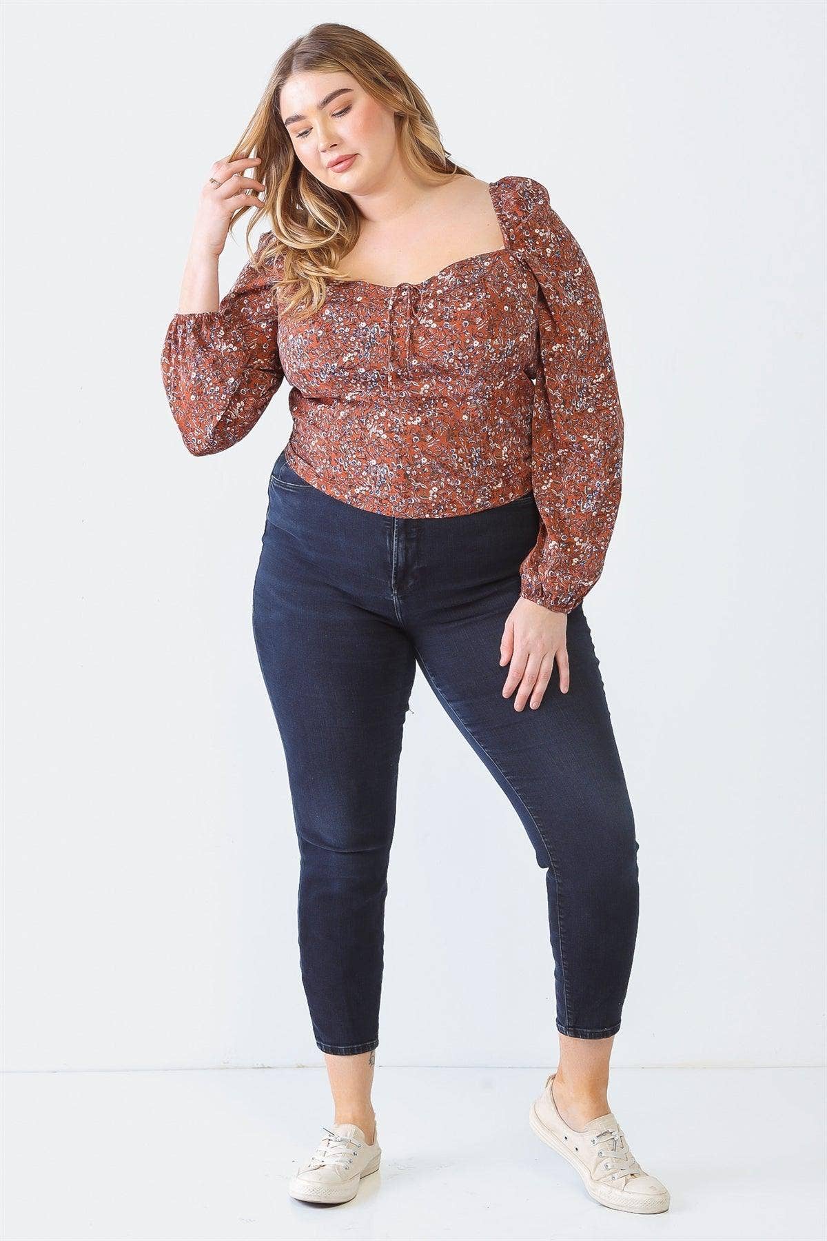 Plus Size Floral Print Square Neck Top – Smocked Back Long Sleeve Blouse